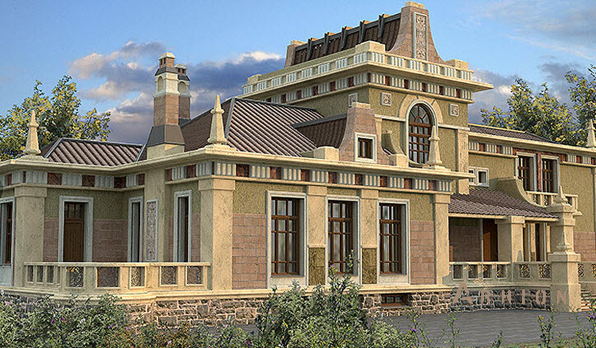 2. Проект двухэтажного дома в замковом стиле с многоскатной кровлей, SOV-2, площадью - 921 кв c цокольным этажом, терассой, балконом